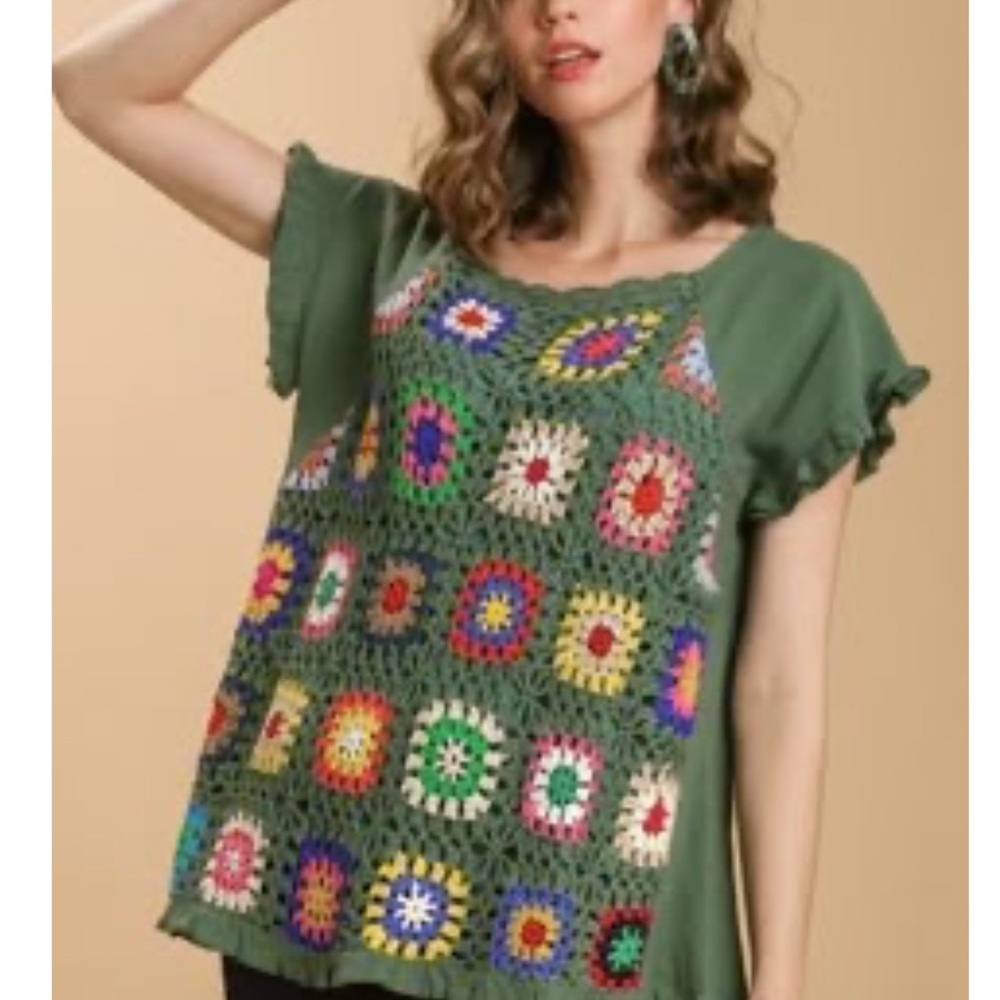 Umgee Linen Blend Top with Colorful Granny Square Front NWT-XL
